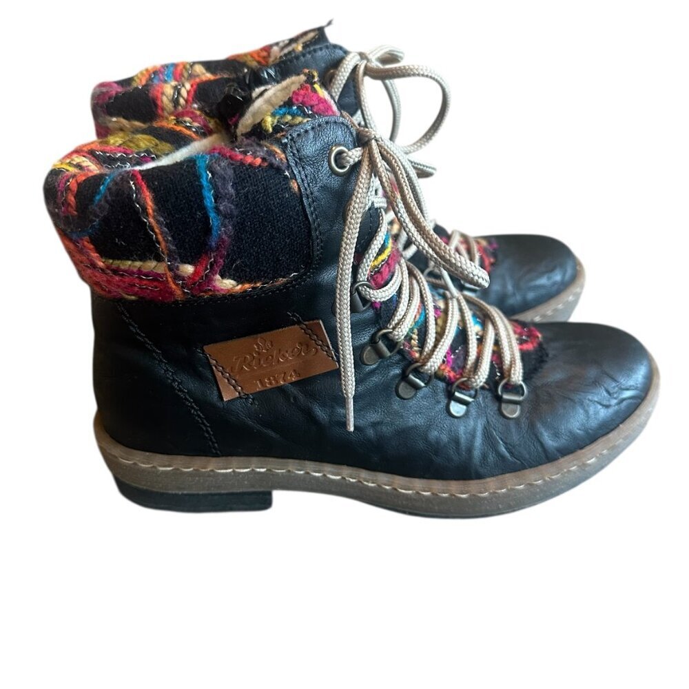 Rieker Black Leather Lace-Up Ankle Boots with Colorful Knit Cuff - Picture 4 of 12